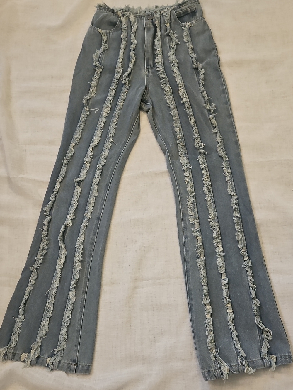 PrettyLittleThing Light Blue Frayed Stripe Flare Jeans